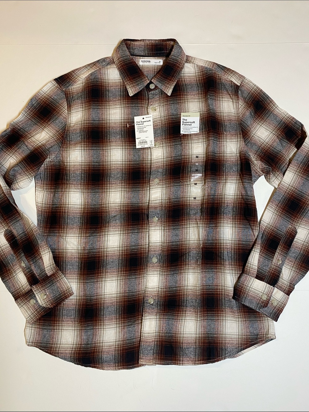 Sonoma SZ Medium Button Down Cotton Plaid Flannel Casual Shirt New D6e